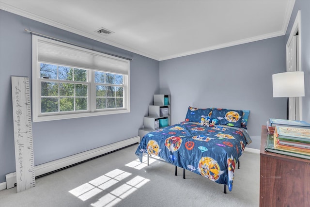 7 Karen Ct, Wading River, NY 11792 - carpeted bedroom featuring crown molding, baseboards, visible vents, and baseboard heating