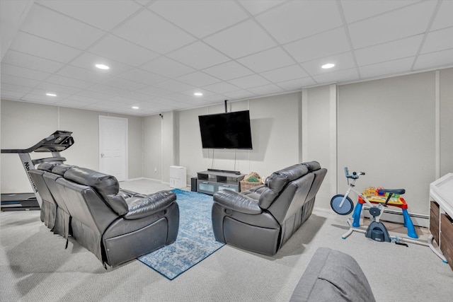 7 Karen Ct, Wading River, NY 11792 - living room with baseboards, a drop ceiling, recessed lighting, a baseboard radiator, and carpet