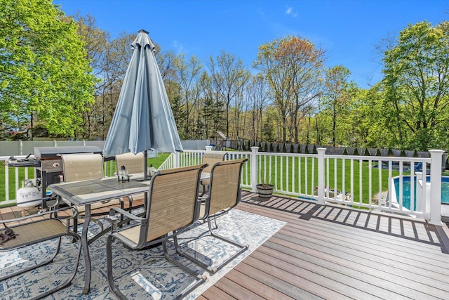 7 Karen Ct, Wading River, NY 11792 - deck featuring a lawn, outdoor dining space, a fenced backyard, and a pool