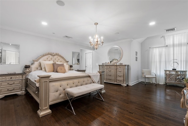 bedroom featuring dark wood-style floors, visible vents, ornamental molding, and a notable chandelier