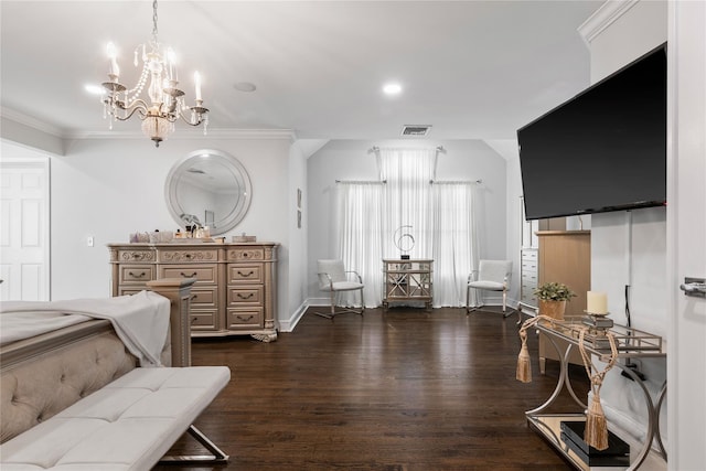 interior space featuring visible vents, baseboards, recessed lighting, dark wood finished floors, and a notable chandelier