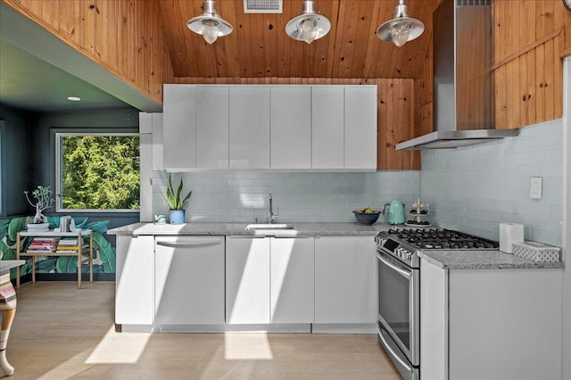 kitchen featuring a sink, stainless steel appliances, decorative backsplash, and wall chimney range hood