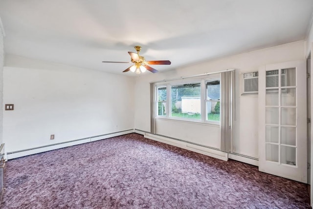 unfurnished room featuring carpet floors, a ceiling fan, and an AC wall unit