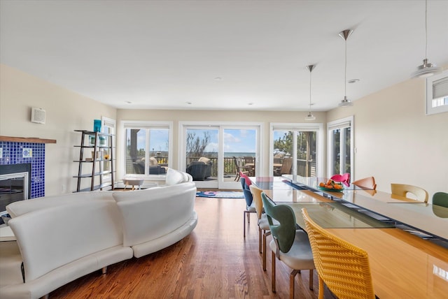 living area with a tile fireplace, a healthy amount of sunlight, and wood finished floors
