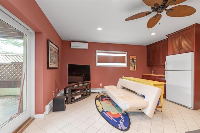 living room with a ceiling fan, baseboard heating, an AC wall unit, recessed lighting, and a baseboard radiator