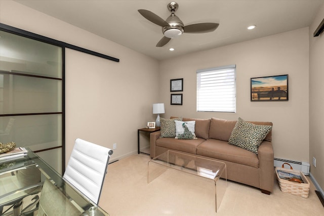 living area featuring carpet, a ceiling fan, baseboards, recessed lighting, and a baseboard heating unit