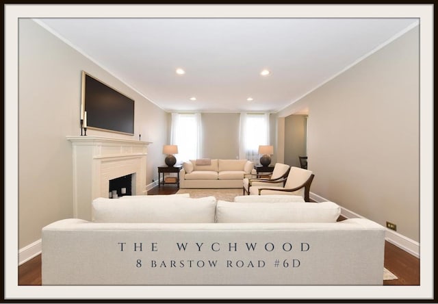 8 Barstow Rd Unit 6-D, Great Neck, NY 11021 - living room with crown molding, recessed lighting, baseboards, and wood finished floors