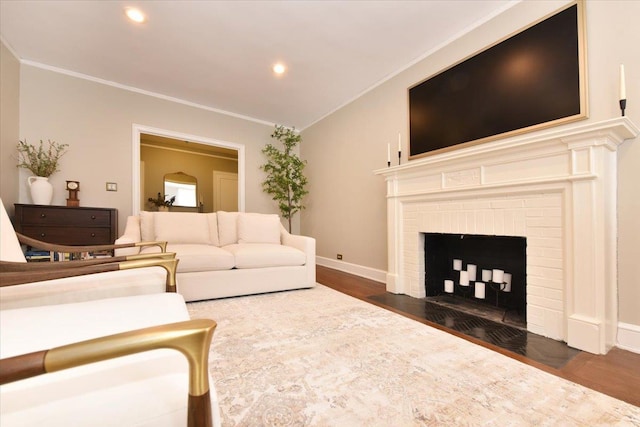 8 Barstow Rd Unit 6-D, Great Neck, NY 11021 - living area with crown molding, baseboards, recessed lighting, and dark wood-style flooring