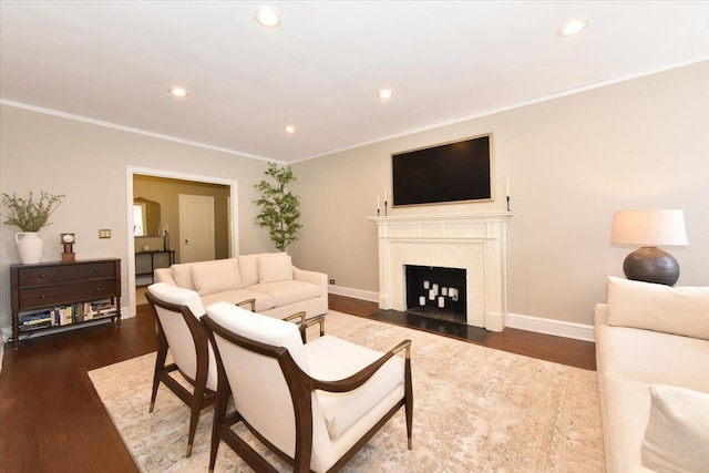 8 Barstow Rd Unit 6-D, Great Neck, NY 11021 - living room with recessed lighting, ornamental molding, and dark wood-style floors