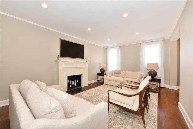 8 Barstow Rd Unit 6-D, Great Neck, NY 11021 - living room featuring crown molding, dark wood finished floors, recessed lighting, baseboards, and a fireplace with flush hearth