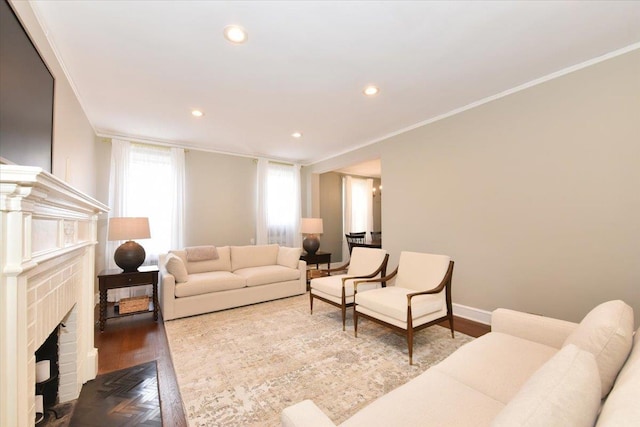 8 Barstow Rd Unit 6-D, Great Neck, NY 11021 - living area featuring a brick fireplace, recessed lighting, and ornamental molding