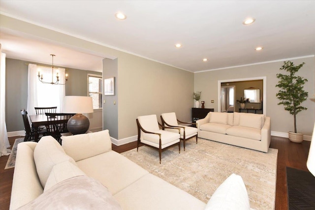 8 Barstow Rd Unit 6-D, Great Neck, NY 11021 - living area with crown molding, baseboards, recessed lighting, a chandelier, and dark wood finished floors