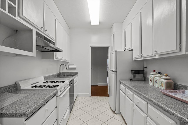 kitchen with a sink, white cabinetry, under cabinet range hood, and white appliances