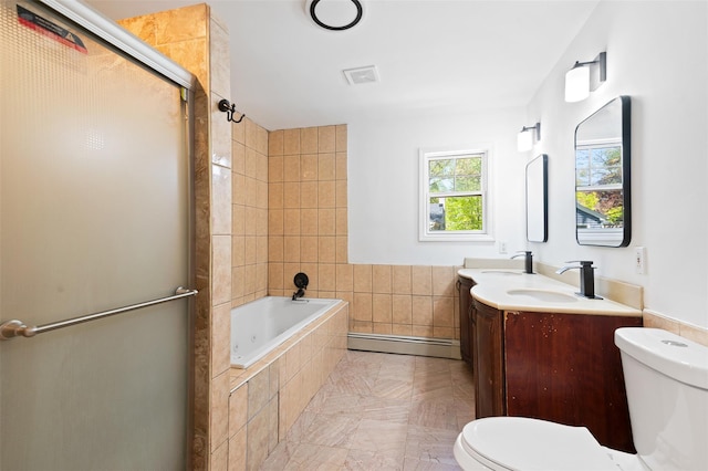 bathroom featuring a sink, a shower with door, toilet, tiled tub, and a baseboard radiator