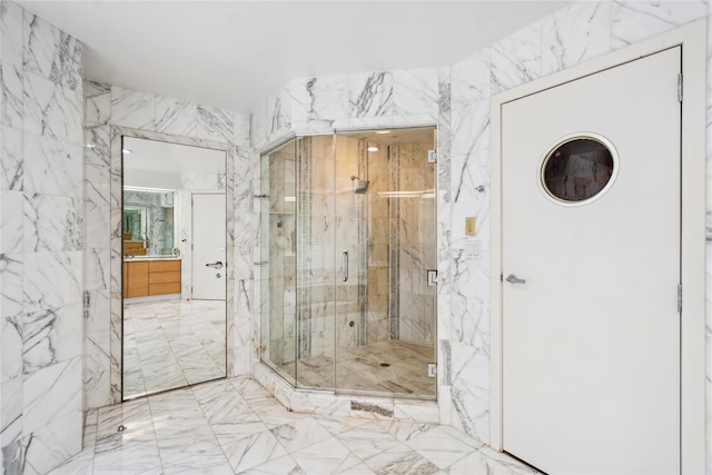 80 Valentines Ln, Old Brookville, NY 11545 - full bathroom with marble tiled flooring, a marble finish shower, and vanity