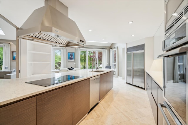 80 Valentines Ln, Old Brookville, NY 11545 - kitchen with range hood, appliances with stainless steel finishes, plenty of natural light, open floor plan, and recessed lighting