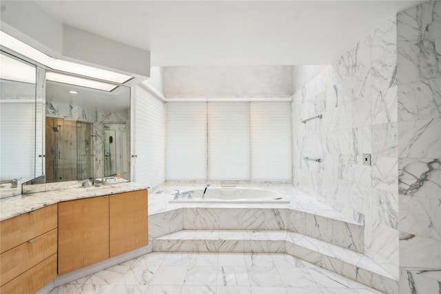 80 Valentines Ln, Old Brookville, NY 11545 - bathroom featuring vanity, a bath, a marble finish shower, and marble finish flooring