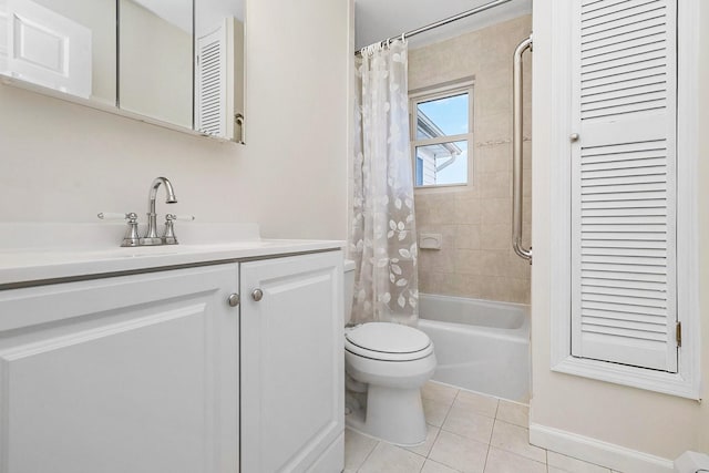 full bathroom featuring vanity, tile patterned floors, shower / bath combination with curtain, and toilet