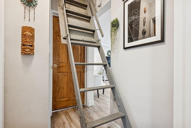 staircase with wood finished floors