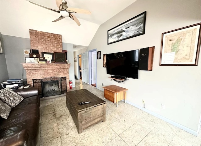 30 Delaware Ave, Long Beach, NY 11561 - living room with baseboards, a ceiling fan, a fireplace, and lofted ceiling