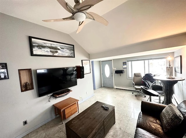 30 Delaware Ave, Long Beach, NY 11561 - living room with vaulted ceiling, a ceiling fan, a baseboard heating unit, and baseboards