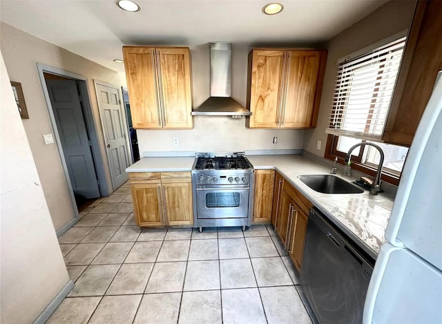 30 Delaware Ave, Long Beach, NY 11561 - kitchen featuring wall chimney range hood, high end stove, a sink, freestanding refrigerator, and dishwashing machine