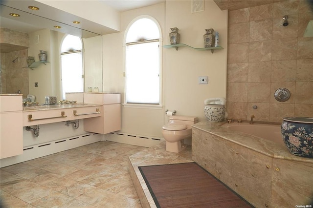 3 Beech Court Cir, College Point, NY 11356 - bathroom featuring a tile shower, toilet, a baseboard radiator, visible vents, and a bath