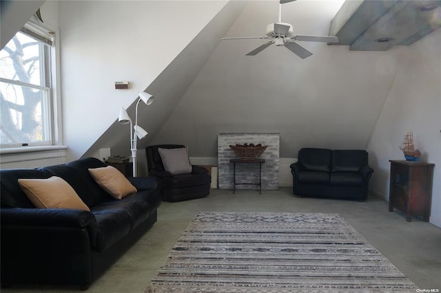 3 Beech Court Cir, College Point, NY 11356 - carpeted living area with ceiling fan and lofted ceiling