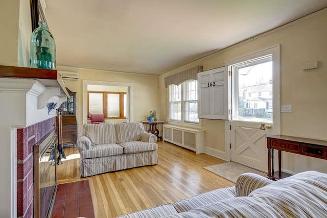 living area featuring radiator, a fireplace, and wood finished floors