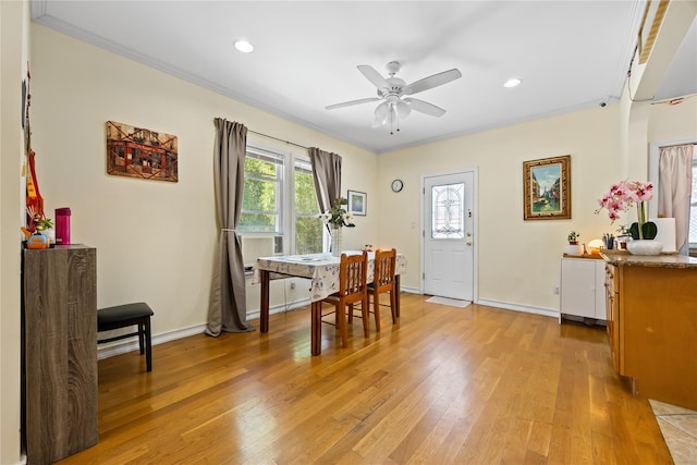 47-18 163rd St, Flushing, NY 11358 - dining room featuring light wood-type flooring, ornamental molding, a ceiling fan, and recessed lighting
