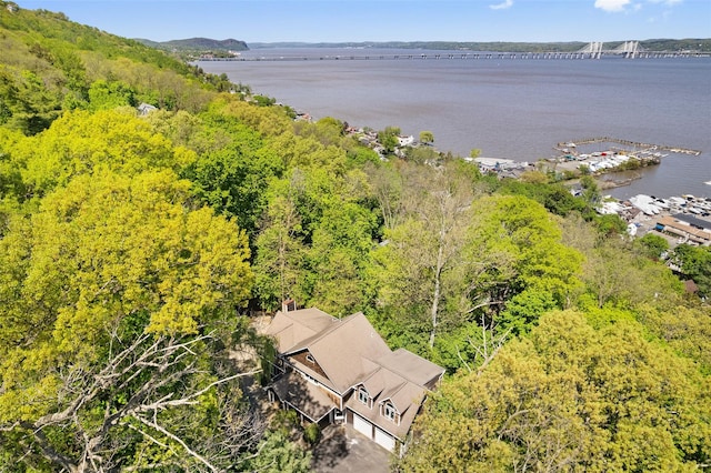 drone / aerial view with a water view and a forest view