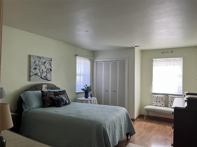 bedroom featuring baseboards, multiple windows, wood finished floors, and a closet