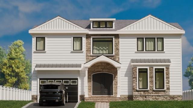 view of front of home with fence, an attached garage, aphalt driveway, stone siding, and board and batten siding
