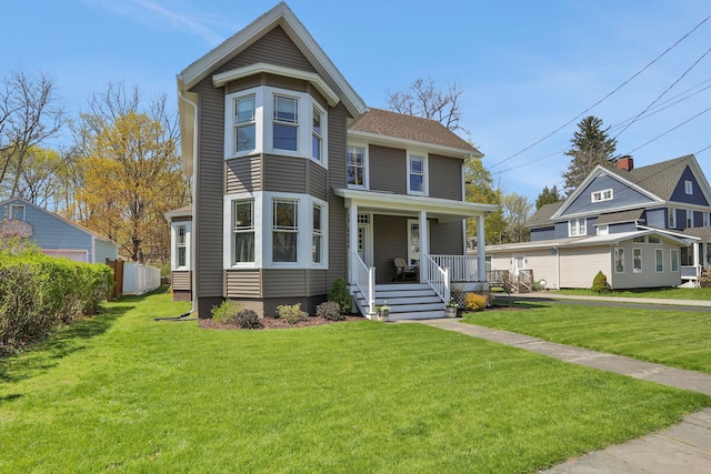 victorian house with a porch and a front lawn