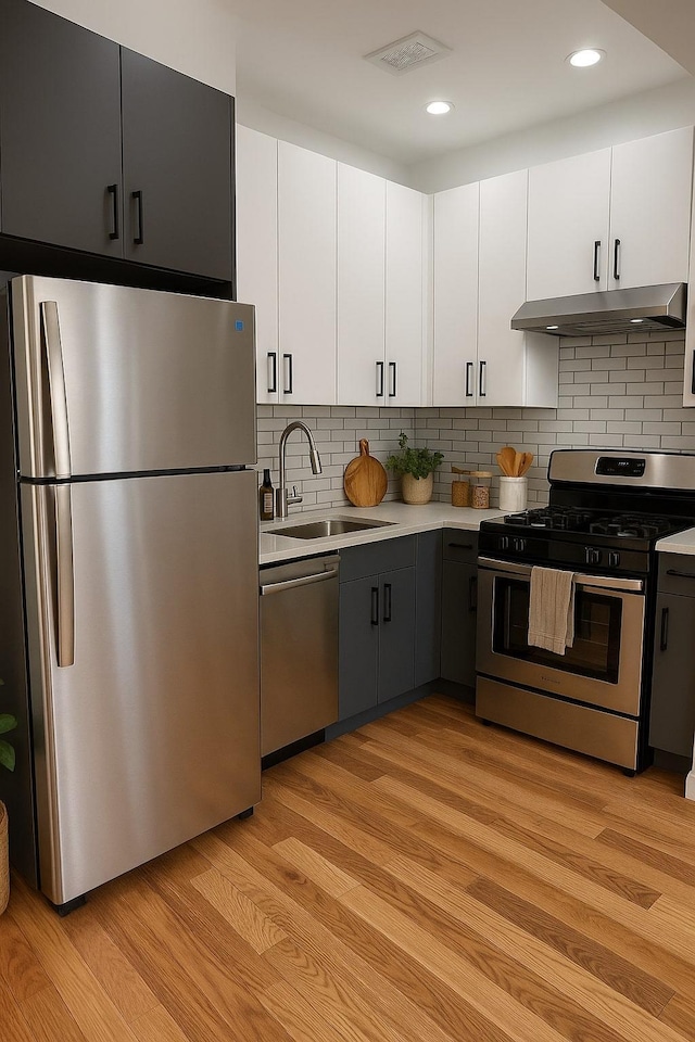 kitchen with light countertops, under cabinet range hood, a sink, light wood finished floors, and appliances with stainless steel finishes