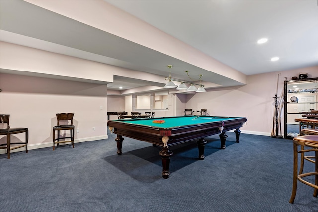 game room featuring dark colored carpet, pool table, baseboards, and recessed lighting