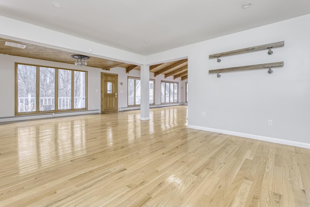 121 Thiells Rd, Stony Point, NY 10980 - unfurnished living room with beamed ceiling, a baseboard heating unit, baseboards, and light wood-type flooring