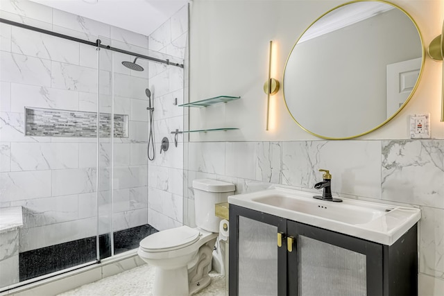 121 Thiells Rd, Stony Point, NY 10980 - bathroom with wainscoting, vanity, toilet, tile walls, and a stall shower