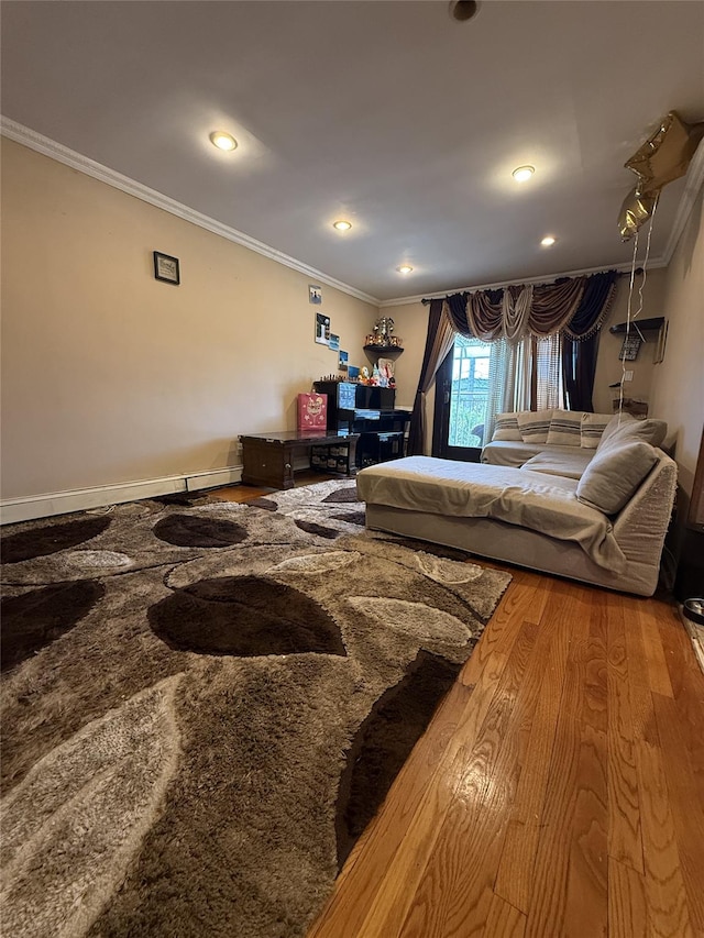 62-23 69th Pl, Middle Village, NY 11379 - bedroom featuring crown molding, wood finished floors, recessed lighting, and baseboards