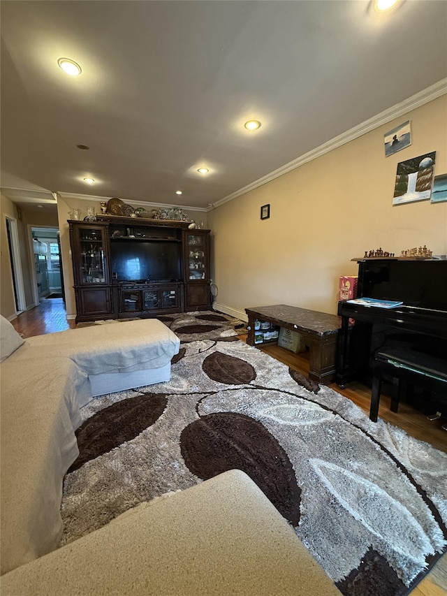 62-23 69th Pl, Middle Village, NY 11379 - living area with crown molding, wood finished floors, recessed lighting, and baseboards