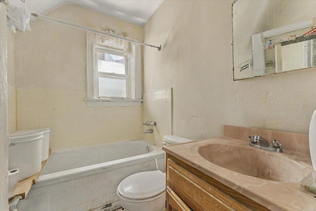 full bath with toilet, shower / bath combination, and vanity