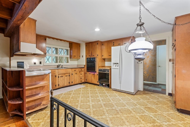 65 Preston St, Huntington, NY 11743 - kitchen featuring black oven, white fridge with ice dispenser, open shelves, under cabinet range hood, and oven
