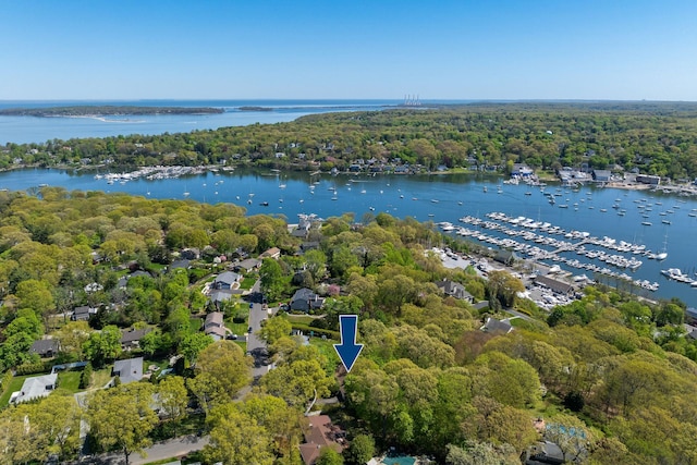65 Preston St, Huntington, NY 11743 - aerial view of a nearby body of water, a marina, and a forest