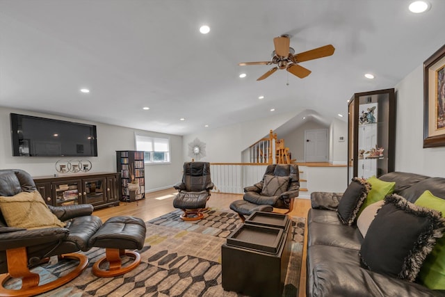 living area featuring recessed lighting, ceiling fan, wood finished floors, and lofted ceiling