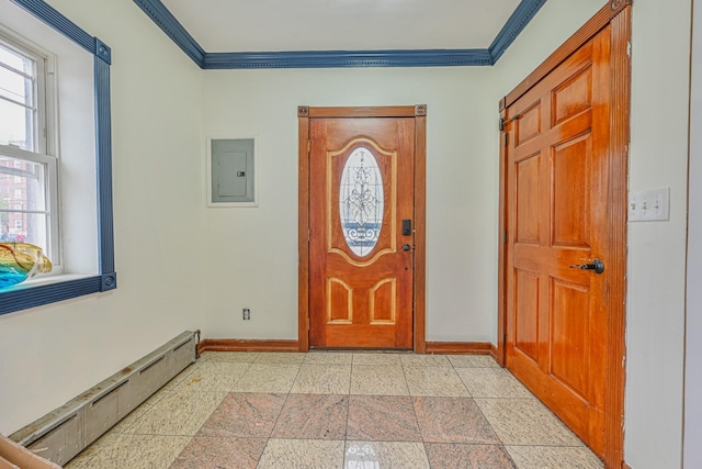 entrance foyer featuring baseboards, ornamental molding, baseboard heating, and electric panel