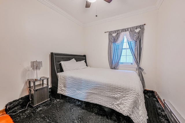 bedroom featuring ornamental molding and ceiling fan