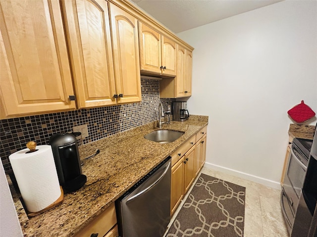136 Bch 117th St Unit 410, Rockaway Park, NY 11694 - kitchen with light brown cabinets, baseboards, a sink, appliances with stainless steel finishes, and backsplash