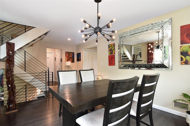 201 Hunters Run, Dobbs Ferry, NY 10522 - dining room featuring stairs, a chandelier, wood finished floors, baseboards, and recessed lighting
