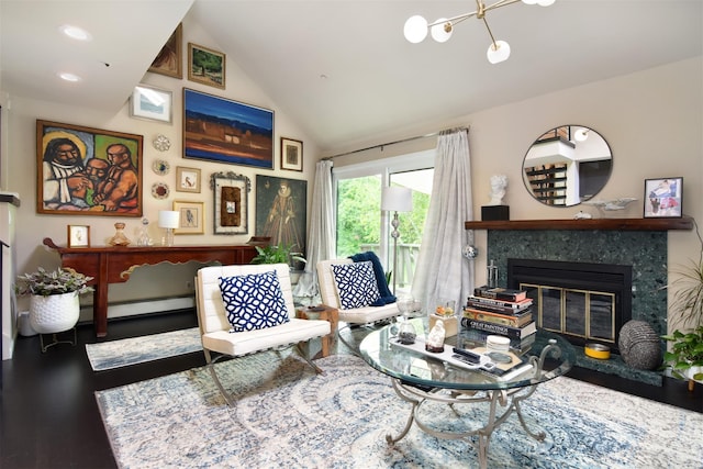 201 Hunters Run, Dobbs Ferry, NY 10522 - living area featuring baseboard heating, a fireplace, high vaulted ceiling, wood finished floors, and a chandelier