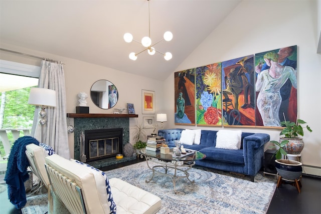 201 Hunters Run, Dobbs Ferry, NY 10522 - living area featuring a chandelier, a glass covered fireplace, high vaulted ceiling, and a baseboard heating unit